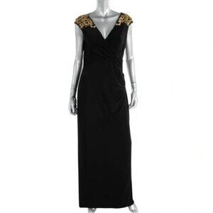 Lauren Ralph Lauren Black Evening‎ Gown with Gold Sequin Beading on Shoulders